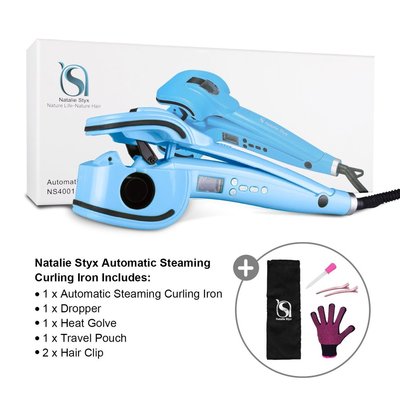 natalie styx automatic steam curling iron with ceramic curling chamber, lcd display, temperature control and 60mins auto shut-off