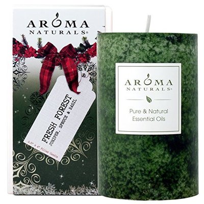 aroma naturals juniper, spruce and basil, fresh forest pure and natural essential oil holiday pillar candle