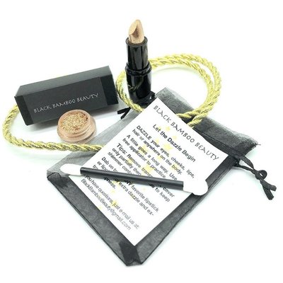 black bamboo beauty gold shimmer 2 piece makeup kit includes 24 k satin metallic gold lipstick and golden glitter powder with application brush