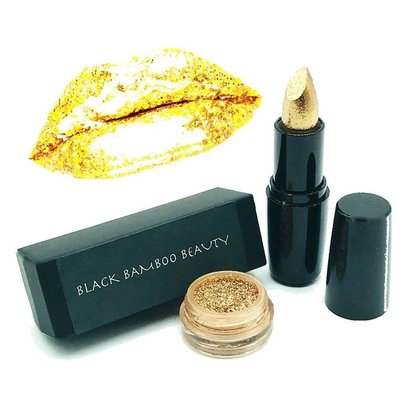 black bamboo beauty gold shimmer 2 piece makeup kit includes 24 k satin metallic gold lipstick and golden glitter powder with application brush