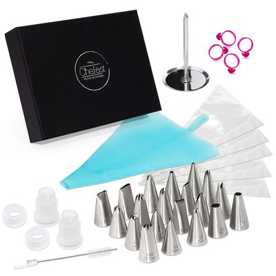 cake decorating tip set by chefast in stylish gift box, perfect gift for bakers includes 20 premium decorating tips, 5 disposable bags, reusable silicone bag, 4 icing bag ties, 2 reusable couplers, flower nail and cleaning brush
