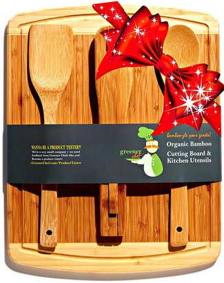 greener chef organic bamboo cutting board and kitchen utensil gift set includes wide spoon, flat spatula and versatile tongs