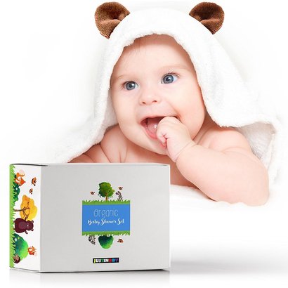 justinbby organic baby shower set includes bamboo hooded towel, wooden teether and holder pacifier, ideal gift for babies