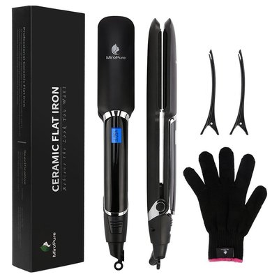 miropure professional ceramic flat iron hair straightener with lcd display and adjustable temperature includes heat resistant glove