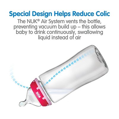nuk hearts baby bottle with perfect fit nipple 3 pcs, 2 nipple sizes and 3 flow rates