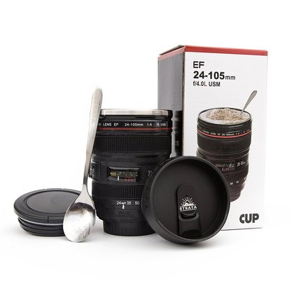 strata coffee cup, camera lens coffee mug 13.5oz with 2 lids and spoon makes great gift for camera lovers