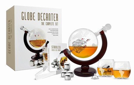 unique men's gift 850ml globe decanter complete set with stainless steel ice cubes, two globe glasses, pair of tongs and pour funnel