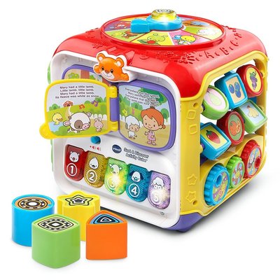 vtech sort and discover activity cube includes 75 songs, melodies, sounds, phrases, 6 activities and 2 electronic panels