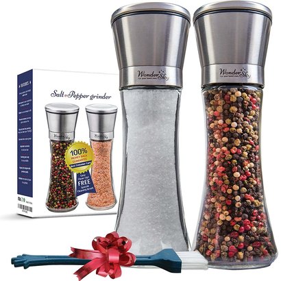 wonder sky salt and pepper shakers grinders set of 2 glass mills brushed stainless steel with utility brush for easy cleanup