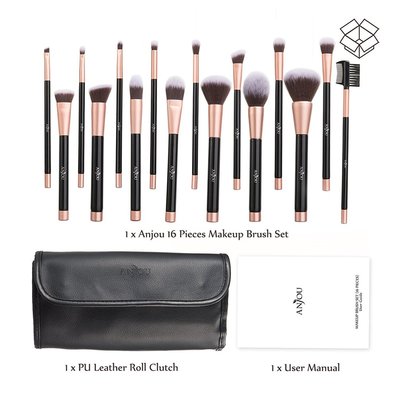 anjou 16 pieces premium makeup brush set of soft synthetic fiber with pu leather roll clutch