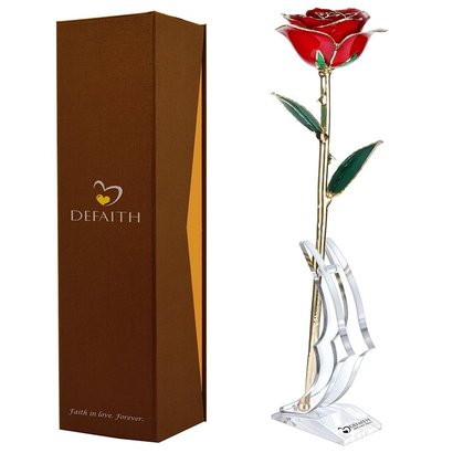 defaith hand-picked real rose 24g gold rose with acrylic moon-shape stand makes amazing gift for the expression of love