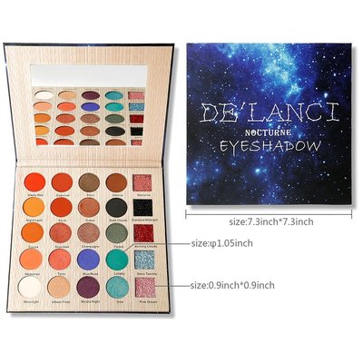 de'lanci nocturne eyeshadow makeup set with mirror and 25 highly pigmented color includes 10 matte colors, 10 shimmer and 5 colors press glitter eyeshadows