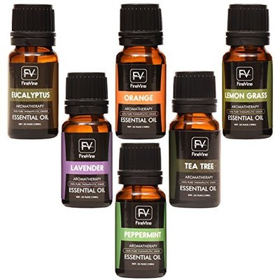 finevine 100% pure and therapeutic grade best 6 aromatherapy essential oils gift set includes lavender, tea tree, eucalyptus, lemongrass, orange and peppermint each 10 ml