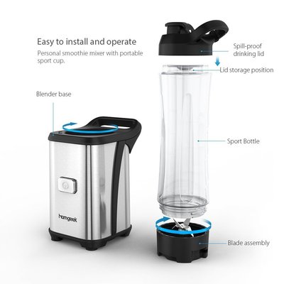 homgeek personal mini blender with travel sport bottle and spill-proof drinking lid and one touch operation button