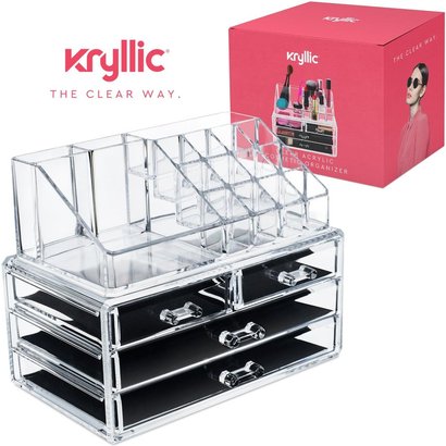 kryllic clear acrylic cosmetic organizer with four drawers and 16 compartments