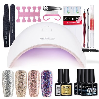modelones gel polish beginner kit with gel nail dryer, manicure kit, four glitter gels, one base and one top coat
