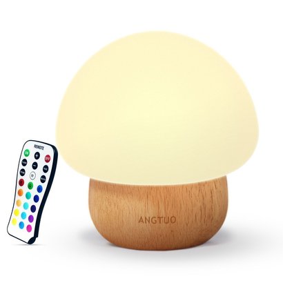 angtuo mushroom lamp with natural wood base, remote control, 16 color change and 4 light modes great night lights for kids