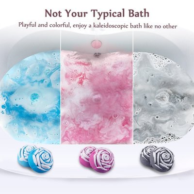 anjou rose bath bomb gift set includes six playful and colorful bath bombs and one heart shaped bomb