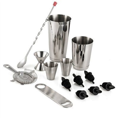 finedine 14 piece stainless steel cocktail shaker home bar set includes shaker tins, hawthorne cocktail strainer, double cocktail jigger, flat bottle opener, 6 pour spouts, shot glasses and bar spoon