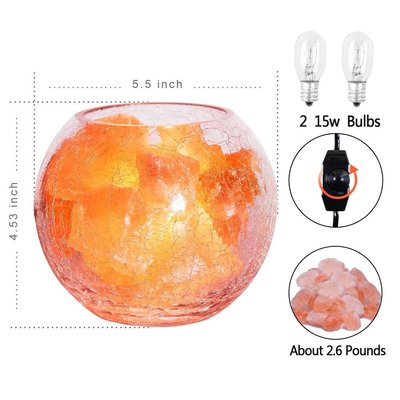 homepro natural himalayan crystal salt lamp, salt chunks in glass bowl with adjustable light includes 2 of 15w light bulb