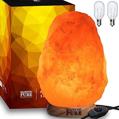 majestic pure 100% pure and authentic himalayan salt lamp with wooden base includes 3 extra bulbs and beautiful gift box 