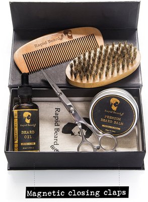 rapid beard grooming, trimming and taming set includes beard oil and balm, wooden beard comb, boar bristle brush and stainless steel scissors
