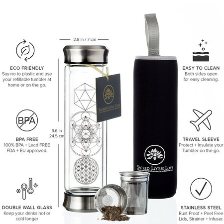 sacred lotus love sacred glass tea tumbler and travel flask with stainless steel strainer and infuser includes poem and gift card 13.5 oz