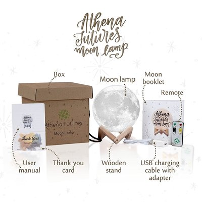 athena futures 3d printed moon lamp with wooden stand includes moon booklet, remote, usb charging cable in elegant gift box