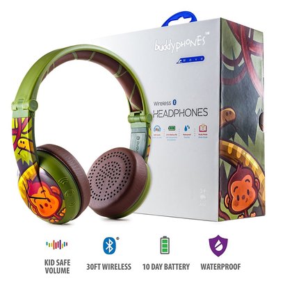 buddyphones wave wireless bluetooth headphones for kids with volume limited to 75, 85 or 94 dB, foldable and waterproof