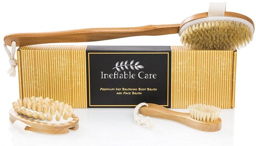 ineffable care premium dry brushing body and face brush with 100% natural boar bristles