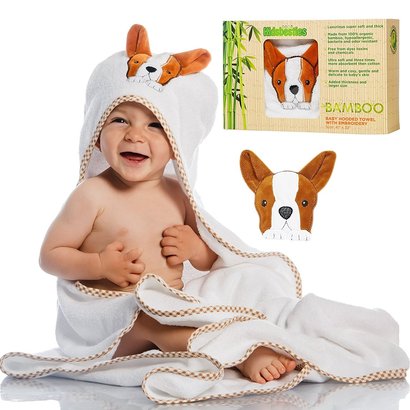 kidsbesties 100% natural 600 gsm bamboo baby hooded towel with dog embroidery includes washcloth in beautifully designed gift box
