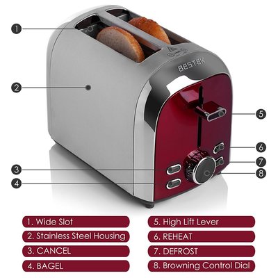bestek 2 slice toaster with 7 level shade controls and 4 modes setting