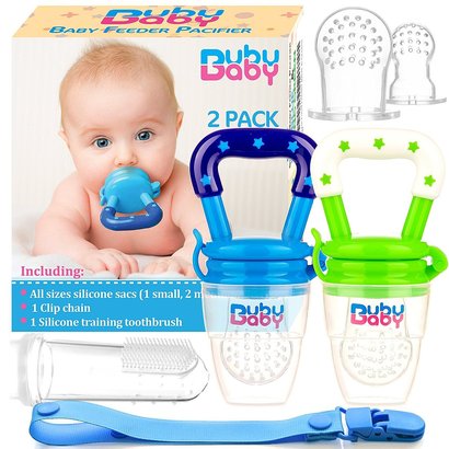 bububaby silicone feeder set includes 2 silicone feeder, 3 different size teats, pacifier clip and training toothbrush with box