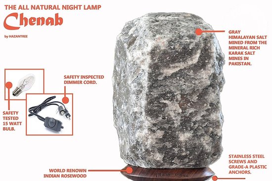 hazantree chenab gray himalayan salt lamp with world renown indian rosewood base, stainless steel screws and grade-a plastic anchors includes two 15 watt bulbs