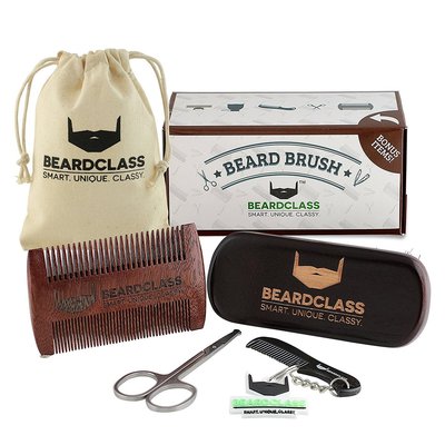 beardclass wooden beard brush beard care set with bonus items beard and mustache scissors, mustache comb, beard comb and key chain