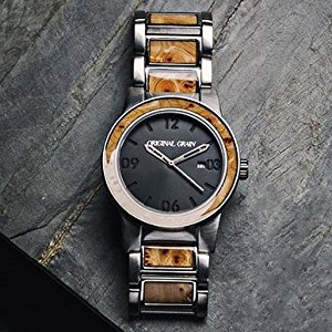 original grain burlwood men's wrist watch with 24mm brushed stainless steel band complemented by wood inlays 