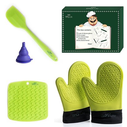 tpq life 5 pcs silicone kitchen set includes pair of gloves, spatula, table placemat and silicone funnel - perfect gift for mother's day