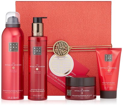 the ritual of ayurveda 4 pieces gift set includes body scrub, shower oil, shower foam and body cream in luxury keepsake box