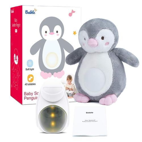 bable skin friendly penguin baby soother with embedded gadget, soft warm yellow light and 40 built-in lullabies