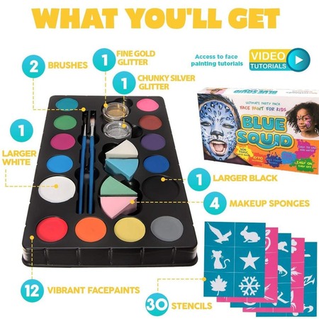 complete face painting kit by blue squid ultimate party pack face paint for kids - perfect for sensitive skin
