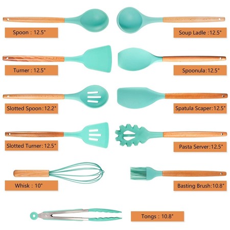 mibote 11 pieces kitchen utensil set with fda-approved and bpa free silicone material and wooden handle - great gift for cooking lovers