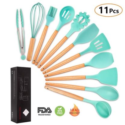 mibote 11 pieces kitchen utensil set with fda-approved and bpa free silicone material and wooden handle - great gift for cooking lovers