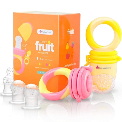 naturebond baby fruit and vegetables feeder, pacifier and teething toy 2 in pack, comes in 3 customised sizes of silicone teats