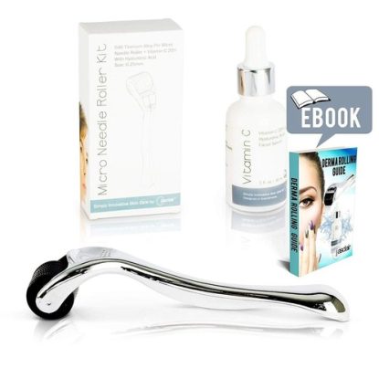 jasclair microneedl roller therapy revitalizing kit includes 540 titanium alloy micro pin needle roller, vitamin c with hyaluronic acid facial serum and e-book guide