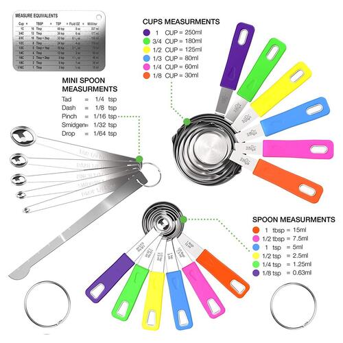 CuttleLab quality-grade stainless steel measuring cups and spoons with fridge-magnet conversion chart