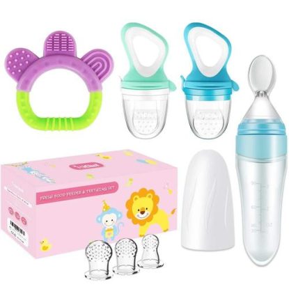 MICHEF Baby Feeding Set includes 2 baby fruit feeders with 3 silicone sacks, teething toy and a silicone baby squeeze spoon
