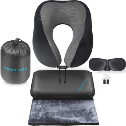 proglobe ultimate 4-in-1 airplane travel set includes blanket, neck pillow, 3D eye mask, earplugs