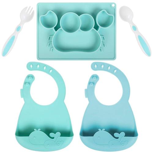 syntus 5 in 1 baby food feeding set includes 2 silicone bibs, suction plate with 5 divided spaces, 1 baby forks and 1 baby spoons
