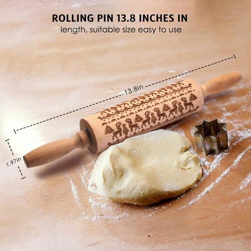 Christmas Tree and Deer Natural Wood Embossed Rolling Pin with Two Cookie Cutter