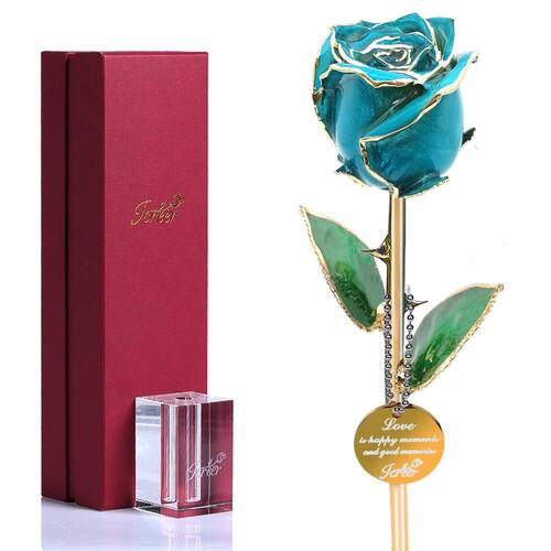 Icreer 24K Gold Preserved Real Rose with K9 Crystal Stand and Decoration Pendant in Gift Box